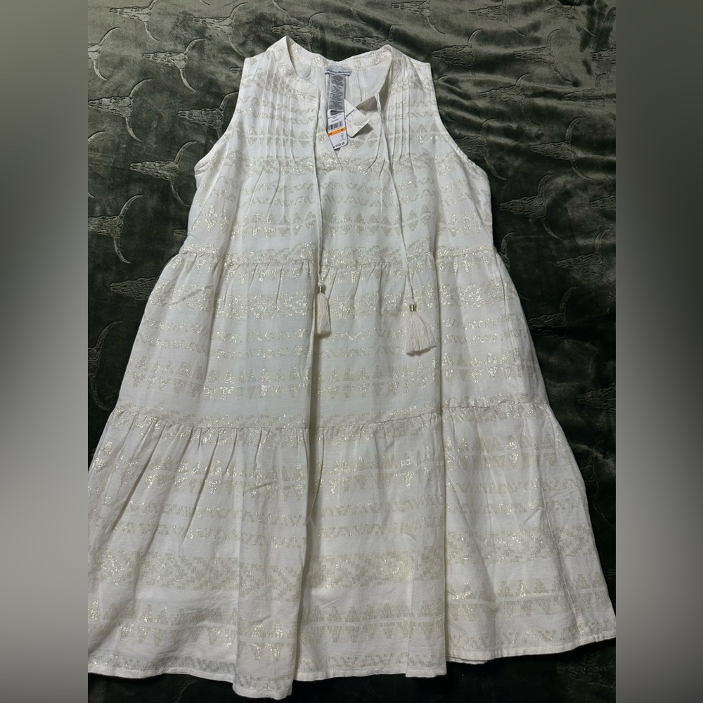 White Sleeveless Dress with Gold Accents - Picture 1 of 3